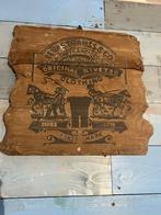 Reclame Levi’s strauss spijkerbroeken brandmerk houten bord, Ophalen, Reclamebord