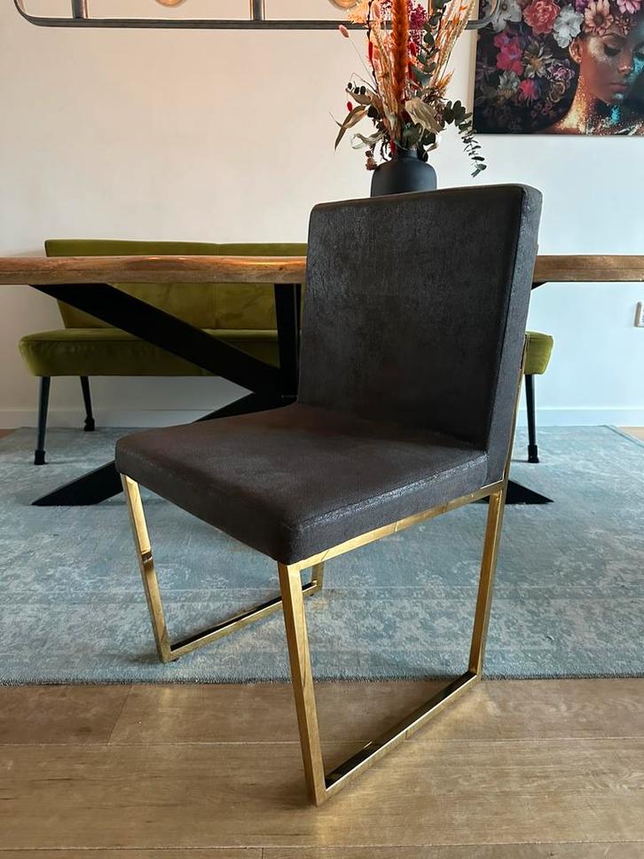 6 luxe eetkamerstoelen met gouden poten, Huis en Inrichting, Stoelen, Zo goed als nieuw, Vijf, Zes of meer stoelen, Stof, Grijs