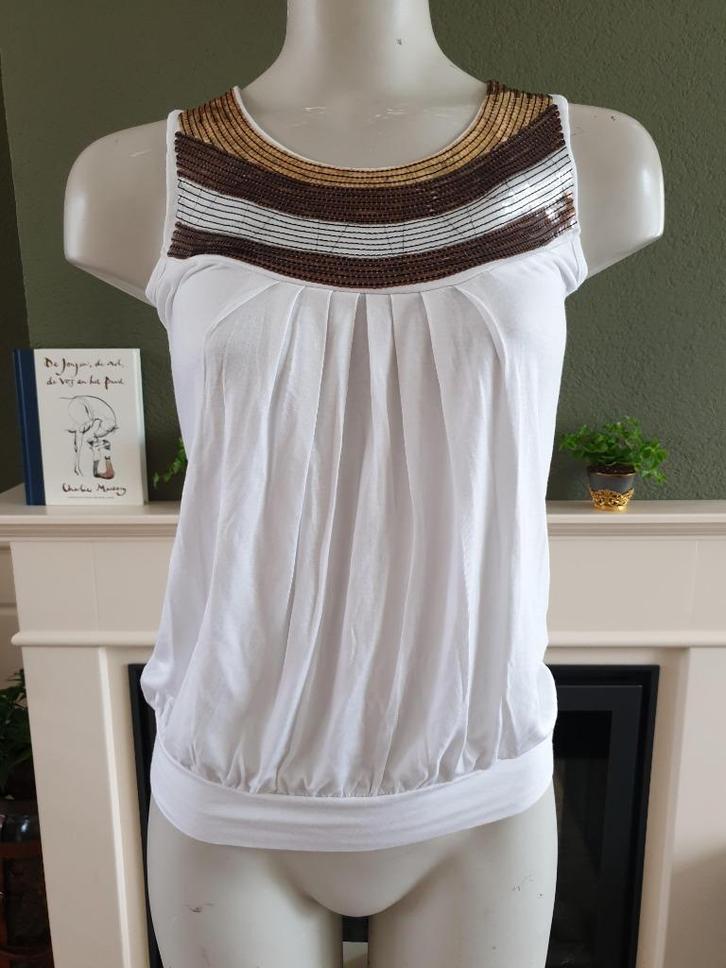 Roberto Cavalli top shirt met pailletten mt S 36 wit ZGAN, Kleding | Dames, Tops, Zo goed als nieuw, Maat 36 (S), Wit, Zonder mouw