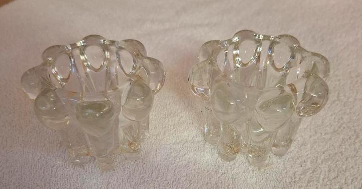 Set van 2 glazen waxinelichthouders, Antiek en Kunst, Antiek | Kandelaars, Glas, Ophalen of Verzenden