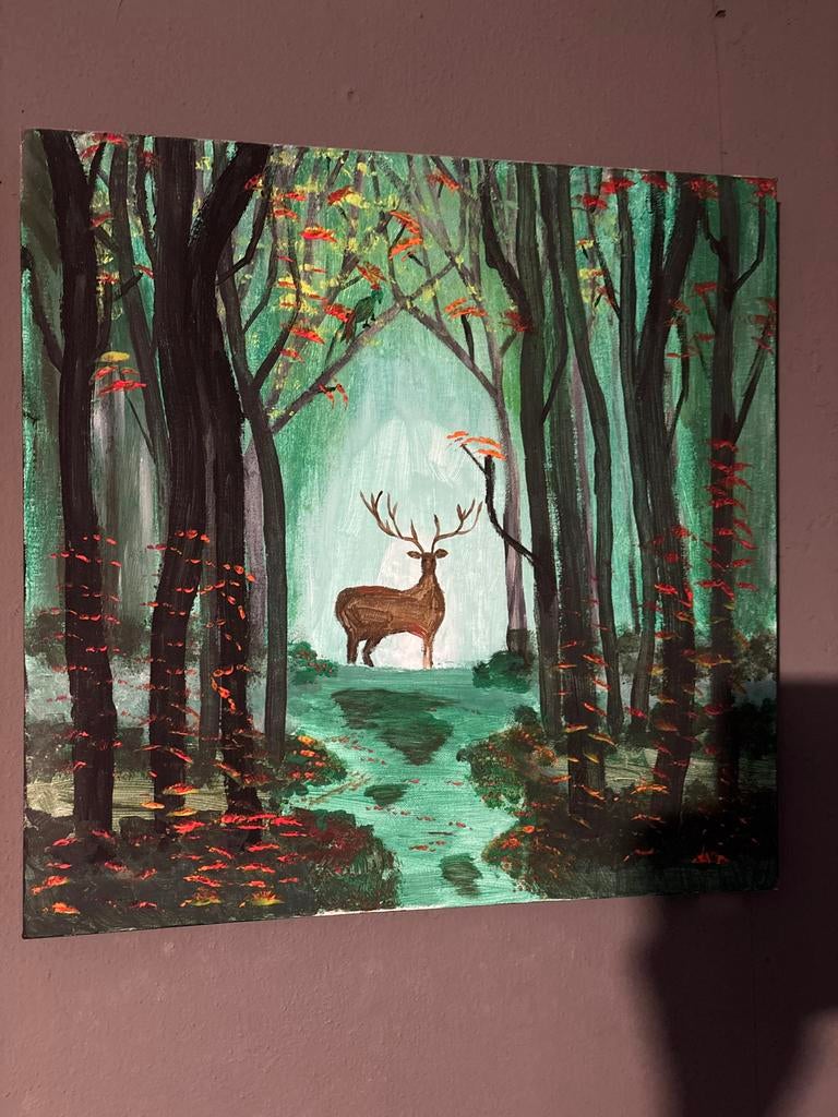 Schilderij: Hert in het bos, Antiek en Kunst, Kunst | Schilderijen | Klassiek, Ophalen