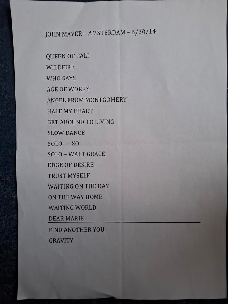 Te koop: originele setlist John Mayer - Ziggodome Amsterdam, Ophalen of Verzenden, Zo goed als nieuw