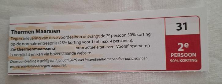 Bon Thermen Maarssen 2e persoon 50% korting, Tickets en Kaartjes, Kortingen en Cadeaubonnen, Twee personen, Spa of Sauna, Kortingsbon