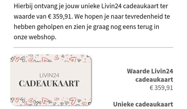 Livin24 cadeaukaart €360,00, Tickets en Kaartjes, Kortingen en Cadeaubonnen, Eén persoon, Overige typen, Cadeaubon