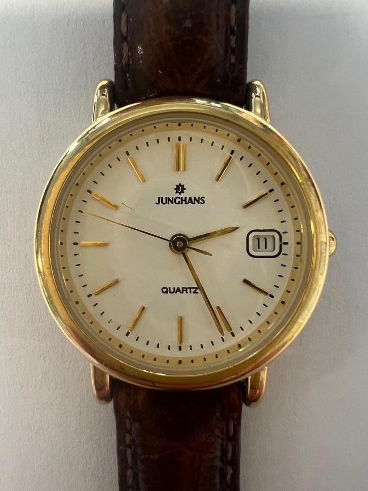 Vintage Junghans quartz horloge – goudkleurig – leren band, Sieraden, Tassen en Uiterlijk, Horloges | Dames, Zo goed als nieuw