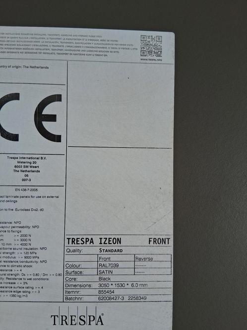 Trespa Izeon RAL 7039, Doe-het-zelf en Verbouw, Platen en Panelen, Zo goed als nieuw, HPL, Minder dan 20 mm, Ophalen