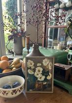 Afbeelding bloemen in oud lijstje met glas schilderij, Antiek en Kunst, Curiosa en Brocante, Ophalen of Verzenden