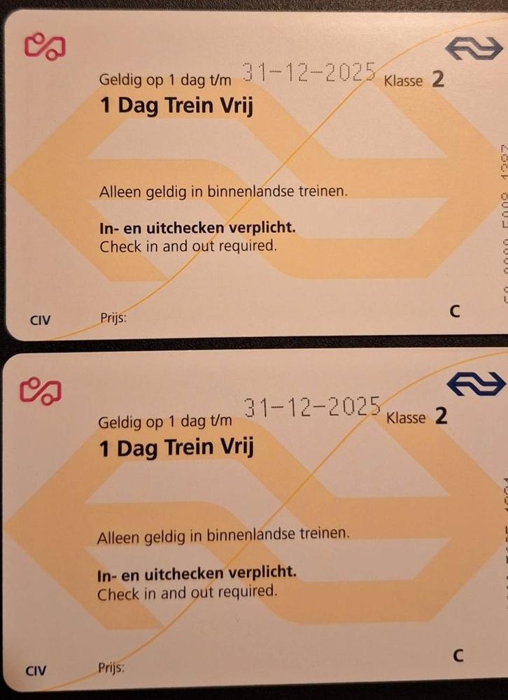 2 Dagkaarten Trein Treinkaartjes ALLE dagen v week ook Spits, Tickets en Kaartjes, Trein, Bus en Vliegtuig, Eén persoon, Algemeen kaartje