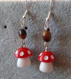 Paddestoel oorbellen net echt Tijgeroog steentje., Sieraden, Tassen en Uiterlijk, Oorbellen, Overige materialen, Hangers, Overige kleuren