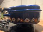 Vintage blauwe emaille pan met bloemmotief, Overige materialen, Gebruikt, Inductieplaat, Ophalen