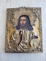 Orthodoxe icoon met messing oklad 19 eeuw, Ophalen of Verzenden