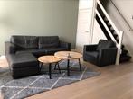 2,5 leren bank met stoel en hocker, Huis en Inrichting, Ophalen, Gebruikt