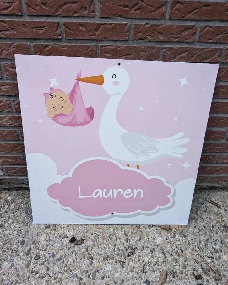 Ooievaar - Geboortebord - Roze - Meisje, Kinderen en Baby's, Kraamcadeaus en Geboorteborden, Zo goed als nieuw, Geboortebord, Ophalen