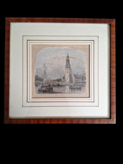 Staalgravure Montelbans toren en Oude Schans te Amsterdam, Antiek en Kunst, Kunst | Etsen en Gravures, Ophalen of Verzenden