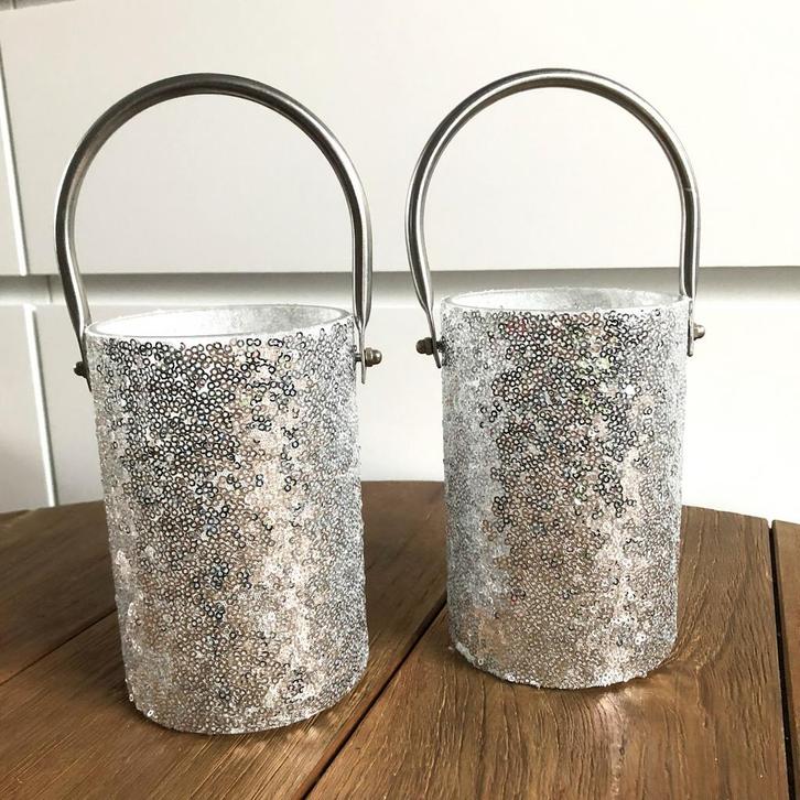 Riverdale Windlichten Set Zilver lovertjes, Huis en Inrichting, Woonaccessoires | Kandelaars en Kaarsen, Zo goed als nieuw, Kandelaar