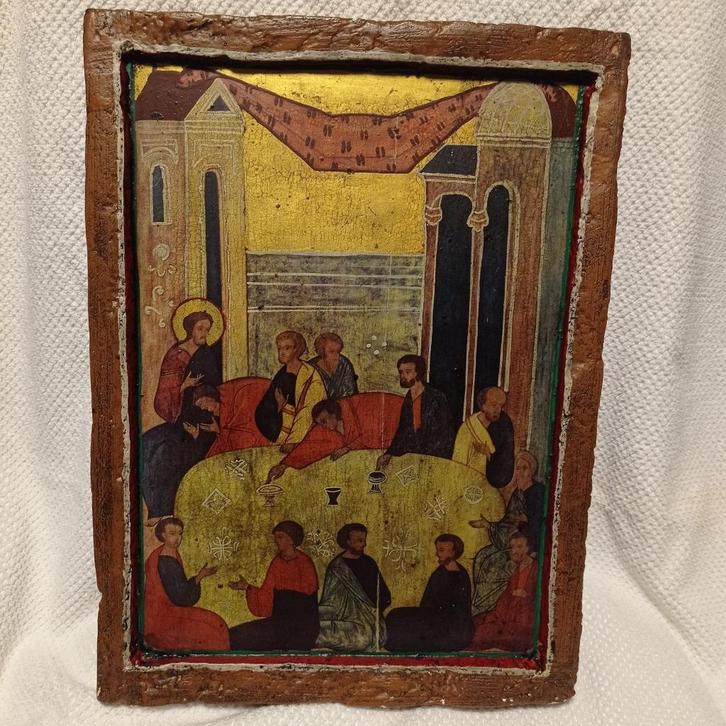 Antique restored icon, The Last Supper, Antiek en Kunst, Kunst | Schilderijen | Klassiek, Ophalen of Verzenden