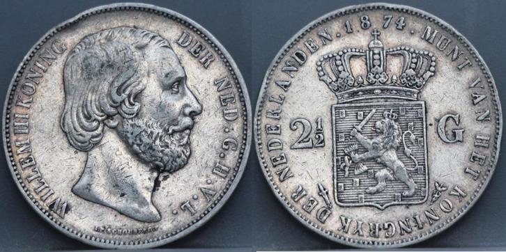 Rijksdaalder 1874 - 2 1/2 gulden 1874 klaverbald - Willem 3, Postzegels en Munten, Munten | Nederland, Losse munt, 2½ gulden, Koning Willem III