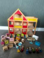 Houten Poppenhuis met Meubels & Poppetjes, Kinderen en Baby's, Speelgoed | Poppenhuizen, Ophalen, Gebruikt, Poppenhuis
