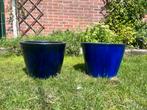 2 Blauwe Geglazuurde Bloempotten, Tuin en Terras, Bloembakken en Plantenbakken, Ophalen, Gebruikt, Minder dan 60 cm, Rond
