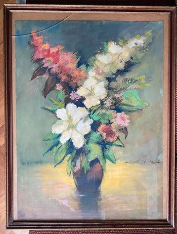 Groot aquarel - Stilleven met bloemen, ingelijst achter glas beschikbaar voor biedingen