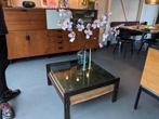 vintage wenge salontafel met rookglas blad en rotan lectuurm, Ophalen, Gebruikt, 50 tot 100 cm, 50 tot 100 cm