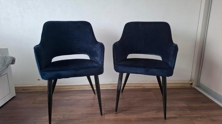 2x stoel eetkamerstoel blauw velvet, Huis en Inrichting, Stoelen, Gebruikt, Twee, Stof, Blauw, Ophalen
