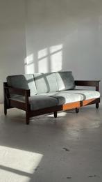 Vintage 70s Teakhouten Bank Mintgroen Fluweel, Driepersoons, 75 tot 100 cm, Ophalen of Verzenden, Zo goed als nieuw