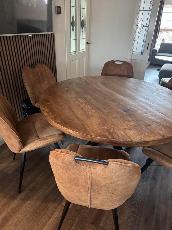 Ronde Mango Houten Eettafel + 6 Stoelen, Huis en Inrichting, Tafels | Eettafels, Gebruikt, 100 tot 150 cm, Vijf personen of meer