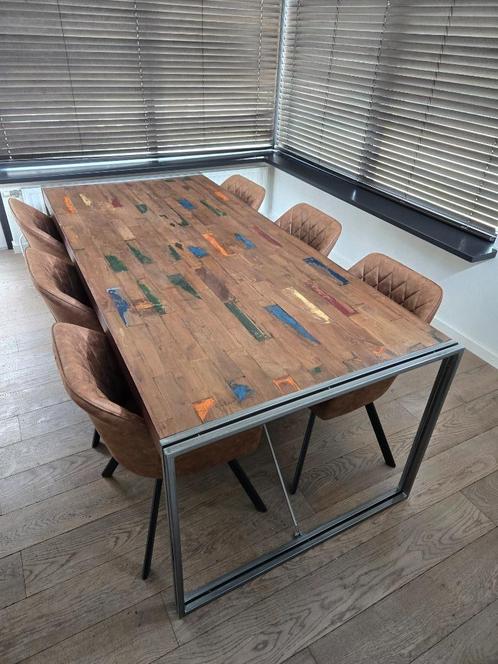 Set van industriële Eet- & Salontafel teak, Huis en Inrichting, Tafels | Eettafels, Zo goed als nieuw, 50 tot 100 cm, 200 cm of meer