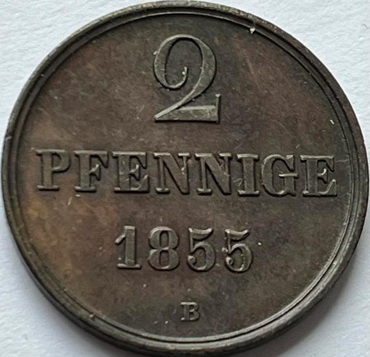 Hannover schitterende twee pfennig 1855B, Postzegels en Munten, Munten | Europa | Niet-Euromunten, Losse munt, Duitsland, Ophalen of Verzenden