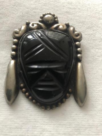 Vintage alpaca zilver en onyx broche v.e. Azteeks masker beschikbaar voor biedingen