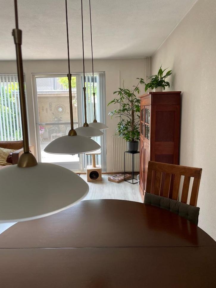 Plafondlamp (messing/koper-), 4 lichtpunten, kapjes glas., Huis en Inrichting, Lampen | Plafondlampen, Gebruikt, Glas, Metaal