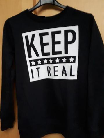 Zwarte trui KEEP IT REAL, dikkere sweatstof, mt 158/164