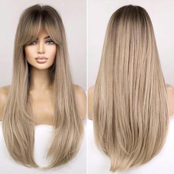 Pruik met lang blond steil haar in laagjes model A beschikbaar voor biedingen