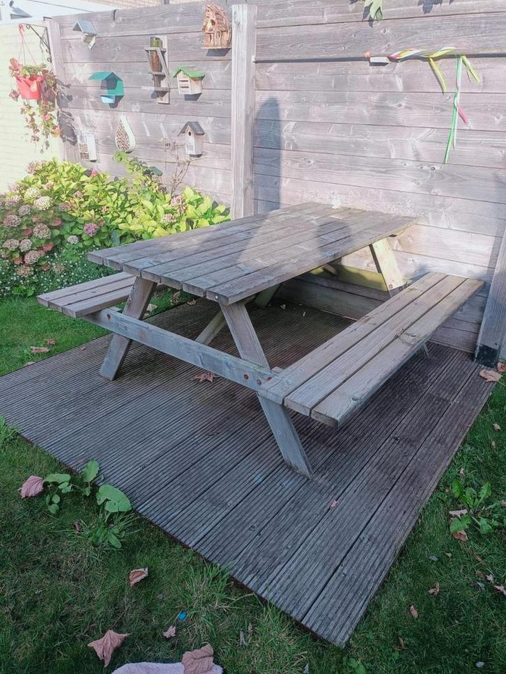Mooie picknicktafel met bijpassende kussens, Tuin en Terras, Picknicktafels, Zo goed als nieuw, Rechthoekig, Hout, Inklapbaar