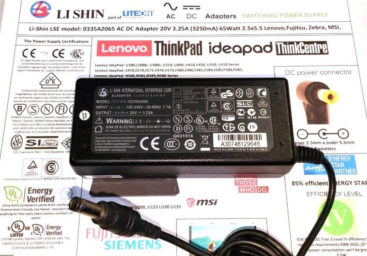 Li-Shin LSE 0335A2065 20V 3.25A 65W Adapter 40W 2A Lenovo, Computers en Software, Laptop-opladers, Zo goed als nieuw, Ophalen of Verzenden
