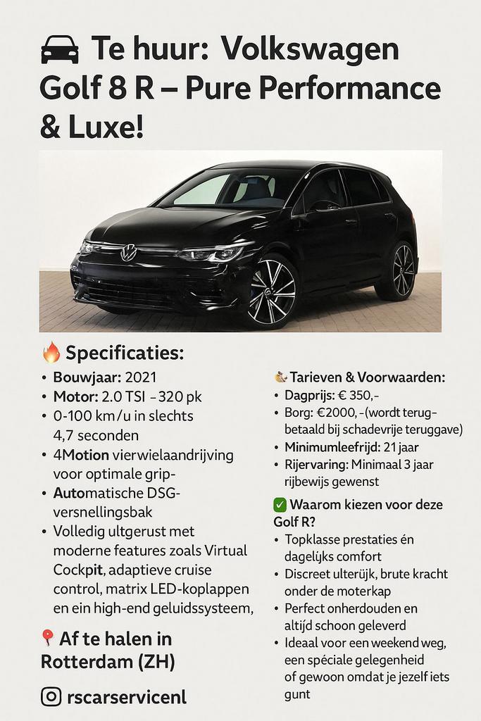 Auto Verhuur Golf 8R 333PK Te Huur NL kenteken, Diensten en Vakmensen, Verhuur | Auto en Motor, Personenauto, Trouwauto, Met chauffeur
