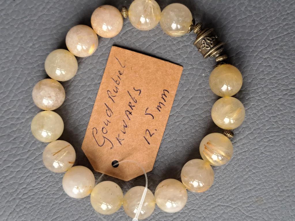 486 Edelsteen armband Goud Rutiel  Kwarts 12.5mm, Geel, Nieuw, Ophalen of Verzenden, Elastiek