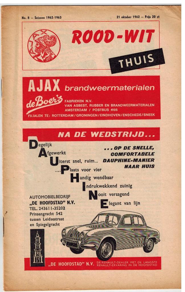 Programma Ajax - Sparta 21 oktober 1962, Verzamelen, Sportartikelen en Voetbal, Gebruikt, Boek of Tijdschrift, Ajax, Ophalen of Verzenden
