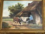 Schilderij boer zet vee op stal, Antiek en Kunst, Kunst | Schilderijen | Klassiek, Ophalen