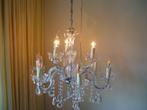 kroonluchter,, glazen behang, 9 lamps, 2 etages, keurig/goed, Huis en Inrichting, Lampen | Kroonluchters, Ophalen, Gebruikt, Glas