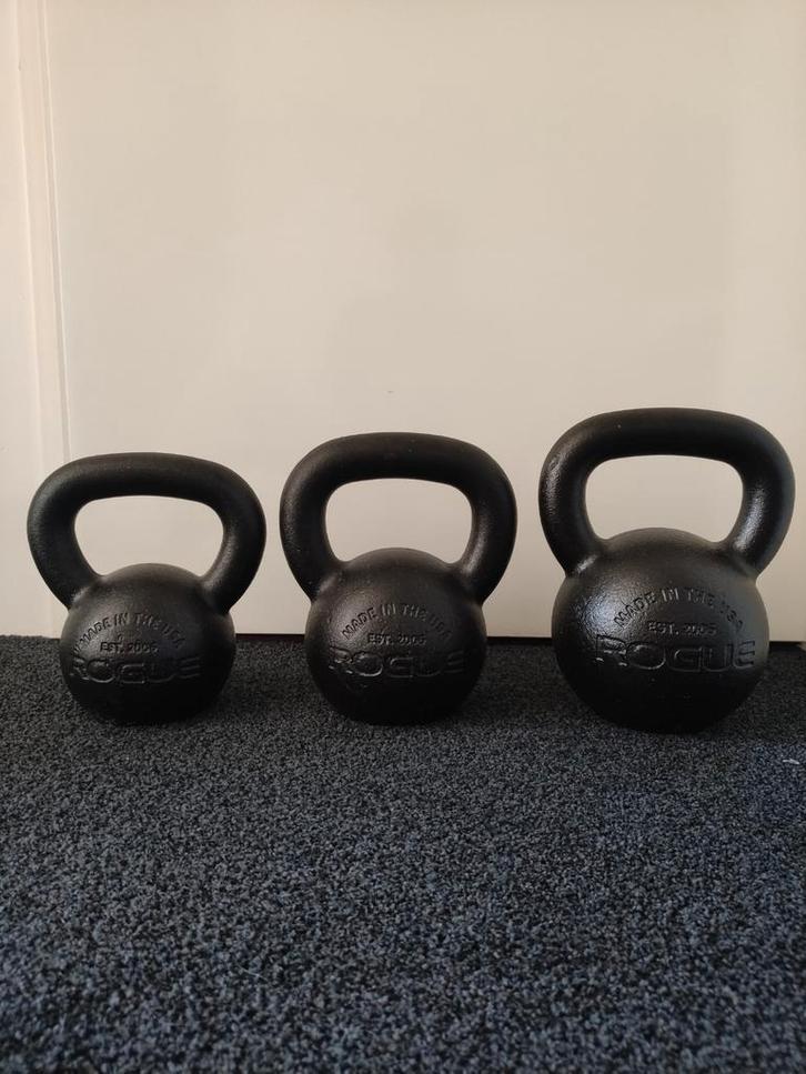 Rogue Fitness Kettlebells E-Coat (20, 16, 12 KG), Sport en Fitness, Fitnessmaterialen, Zo goed als nieuw, Kettlebell, Armen, Benen