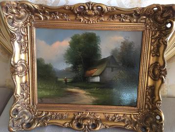 Antiek olieverf landschap schilderij op hout  beschikbaar voor biedingen