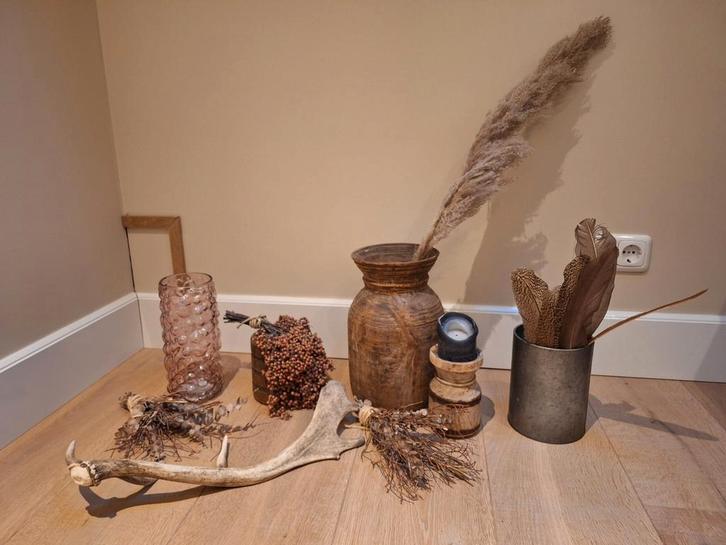 Decoratieve set met vazen en gewei, Huis en Inrichting, Woonaccessoires | Vazen, Zo goed als nieuw, Overige kleuren, Minder dan 50 cm