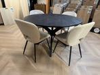 Mangohout Ronde eetkamertafel + 4 stoelen Setprijs!, Huis en Inrichting, Ophalen, Rond, Nieuw, Mangohout, landelijk, industrieel