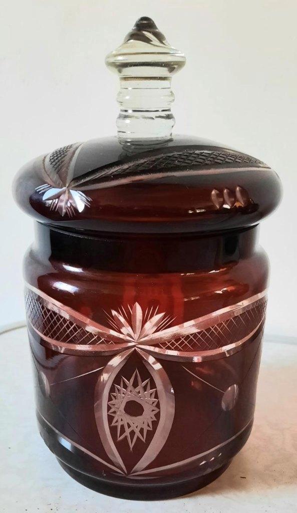 Boheems kristal rode koekjes pot, Antiek en Kunst, Antiek | Glas en Kristal, Ophalen of Verzenden