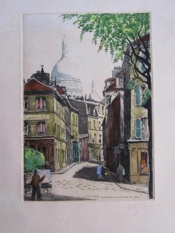 Schilderij Ets Parijs Montmartre Sacre Coeur jaren 50 60  beschikbaar voor biedingen