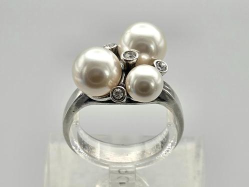 Zilveren ring Art Deco met Parel en Swarovski. 2025/567., Sieraden, Tassen en Uiterlijk, Antieke sieraden, Ring, Zilver, Met edelsteen