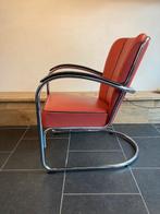 Gispen 412S fauteuil, chroom, steenrood leder, Huis en Inrichting, Fauteuils, Design, 75 tot 100 cm, Zo goed als nieuw, Leer