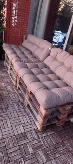 Stoere palletbank met grijze kussens, Tuin en Terras, Tuinsets en Loungesets, Ophalen, Zo goed als nieuw, Hout